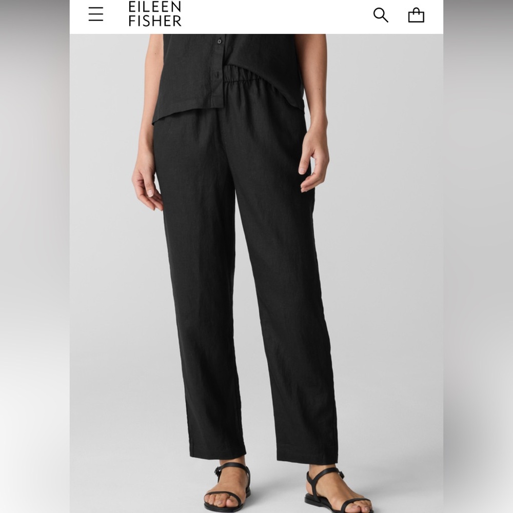 100% Organic Linen Tapered Pant Eileen Fisher XS Ankle Crop Easy Fit Navy Black